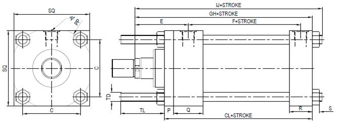 Front End Tie Rod Extended Mounting Cylinder - Technical Drawing