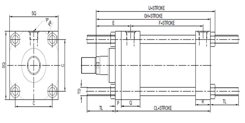 Both End Tie Rod Extended Mounting Cylinder - Technical Drawing