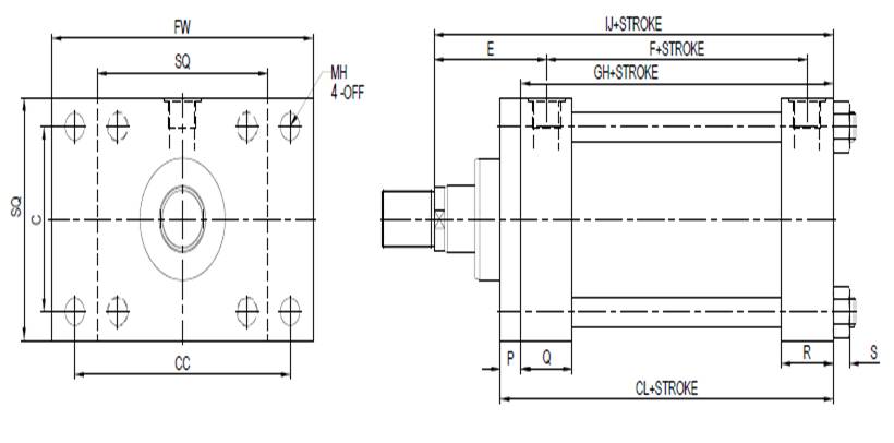 Front End Rectangular Flange Mounting Cylinder - Technical Drawing