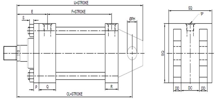 Rear End Fixed Clevis Mounting Cylinder - Technical Drawing