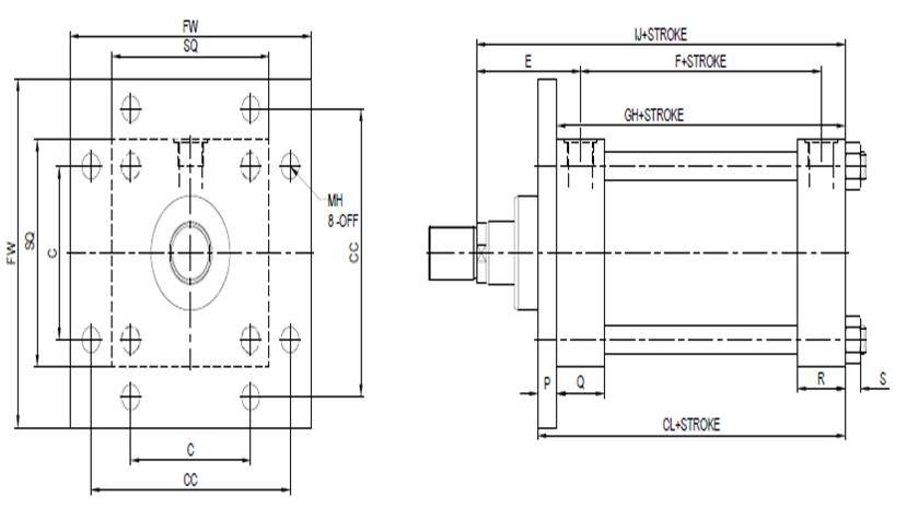 Front End Square Flange Mounting Cylinder - Technical Drawing