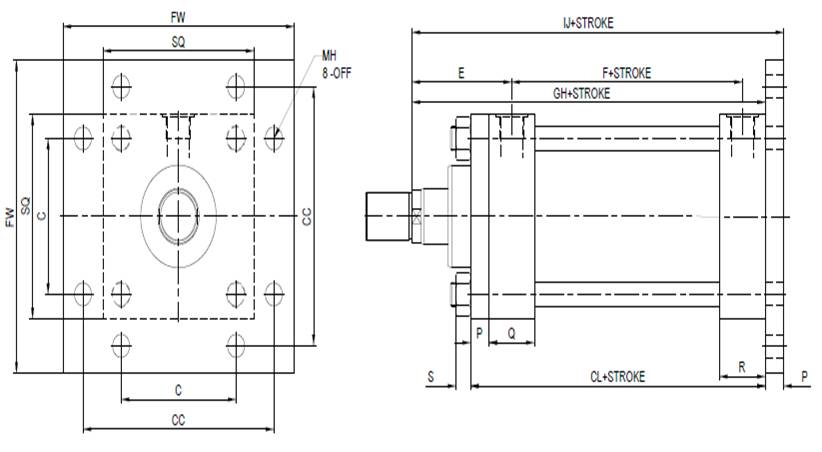 Rear End Square Flange Mounting Cylinder - Technical Drawing