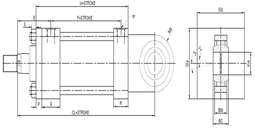 Rear End Spherical Bearing Clevis Mounting Cylinder - Technical Drawing