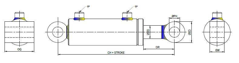 Both End Bush Mounting Double Acting Welded Cylinder - Technical Drawing