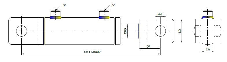Both End Clevis Mounting Double Acting Welded Cylinder - Technical Drawing