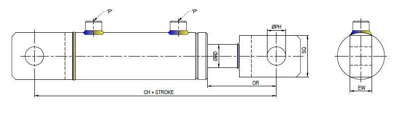 Both End Lug Mounting Double Acting Welded Cylinder - Technical Drawing