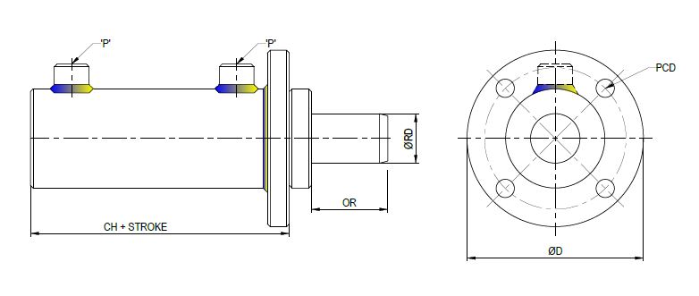 Flange Mounting Double Acting Welded Cylinder - Technical Drawing