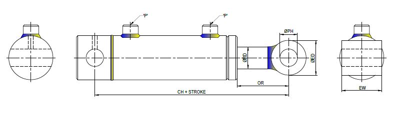 One End Bush Mounting Double Acting Welded Cylinder - Technical Drawing